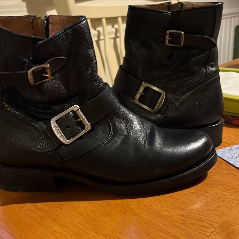Frye Black Leather Buckle Ankle Boots